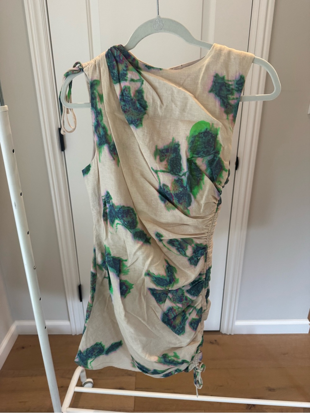 Zara Cream One-Shoulder Dress with Green and Teal Floral Print